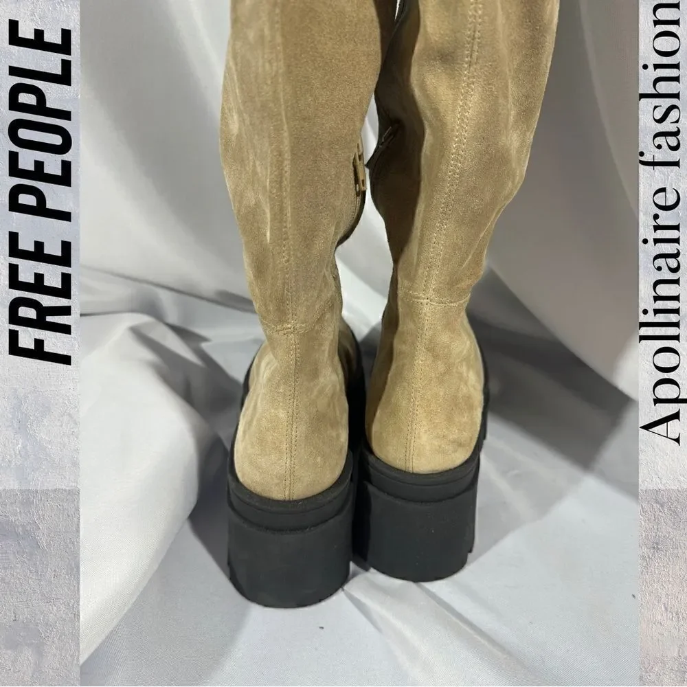 FREE PEOPLE LONDON CALLING SUEDE OVER THE KNEES BOOTS IN STONE SIZE 39